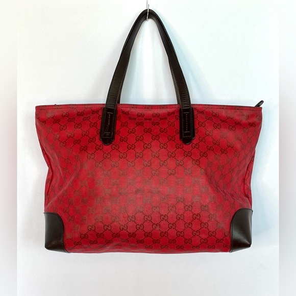 Gucci Red GG Canvas Tote Bag with Brown Leather Trim Corners Shopper Authentic - Picture 5 of 16